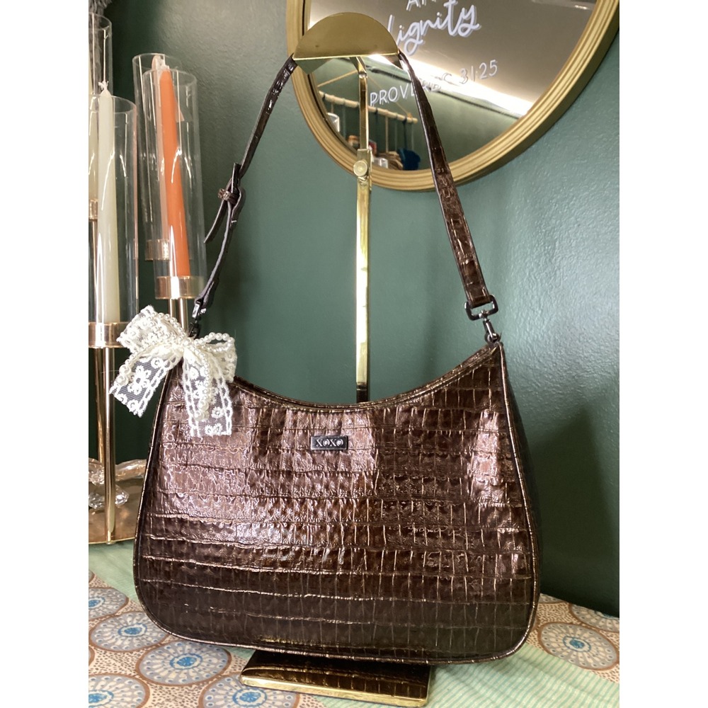 XOXO Metallic Bronze Croc Embossed Shoulder Bag Y2K Baguette Brown Coquette‎